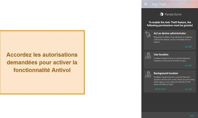 Capture d'&eacute;cran des autorisations de la fonctionnalit&eacute; anti-vol de Panda Dome