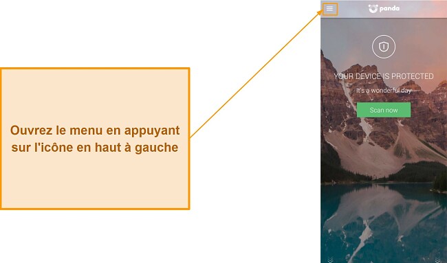 Capture d'&eacute;cran de l'ouverture du menu principal de Panda Dome