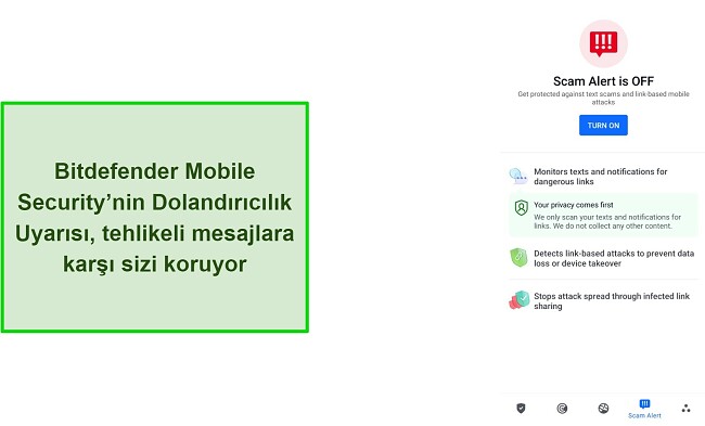 Bitdefender Mobil G&uuml;venlik Dolandırıcılık Uyarı &Ouml;zelliği